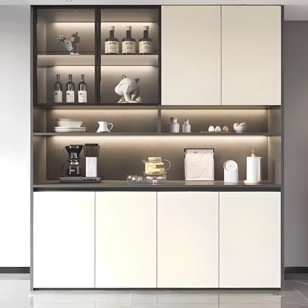 White Rectangular Multi-Shelves Glass Wood Wine Cabinet