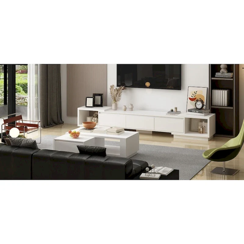 Modern Style Extendable TV Stand with 3Drawer White/Black 65.4-106.3