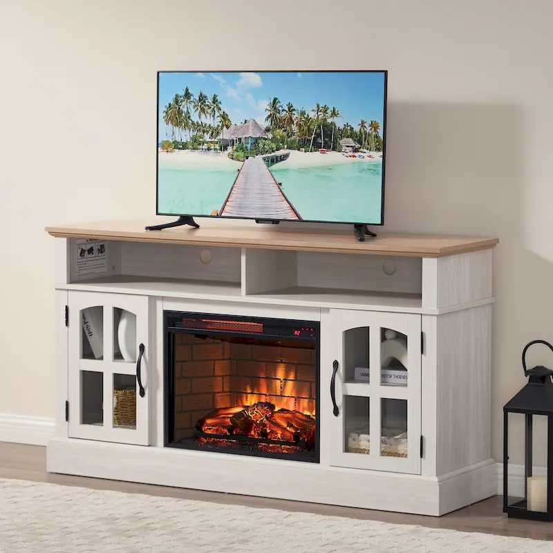 Modern Simple TV Stand with 2 Storage Cabinets and Electric Fireplace for Living Room Home Theater and Bedroom