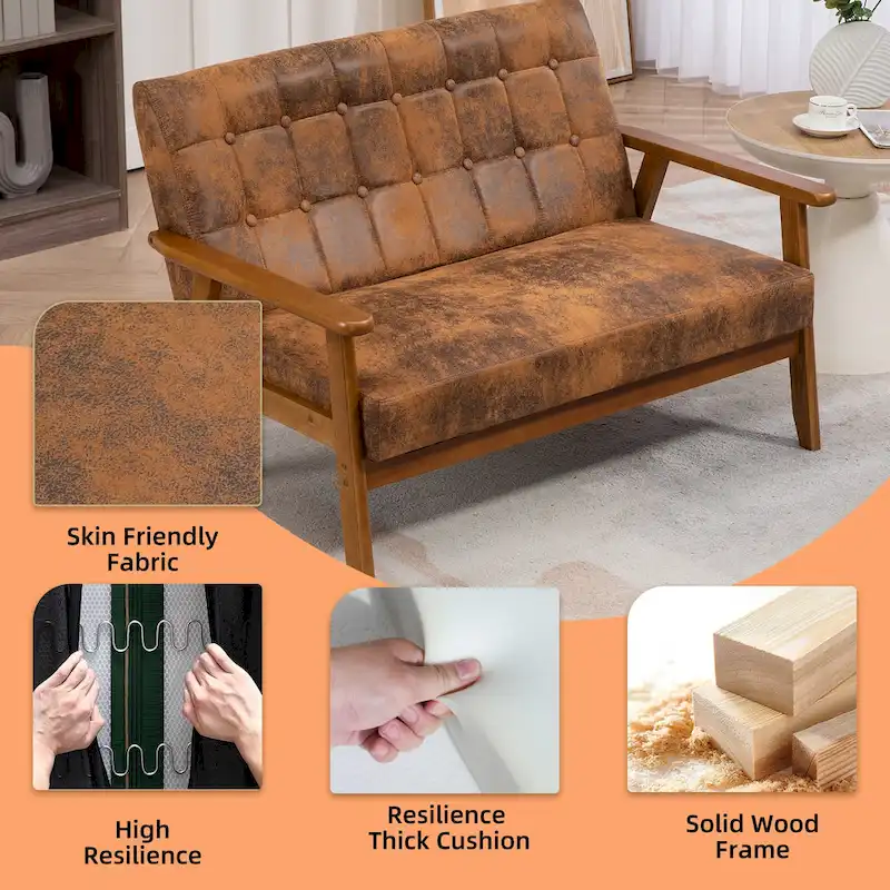 Mid-Century Linen/PU Upholstered Wood Frame Tufted Loveseat Sofa