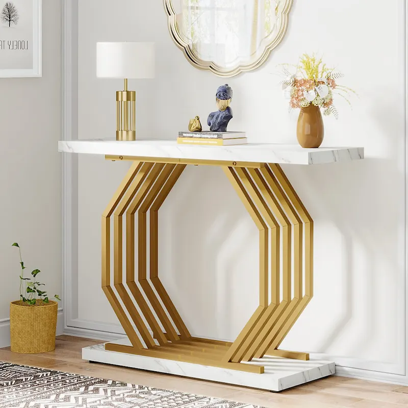 Gold Console Table, Faux Marble Entryway Table Narrow Sofa Table , 40 Inch Modern Accent Table with Geometric Metal Base