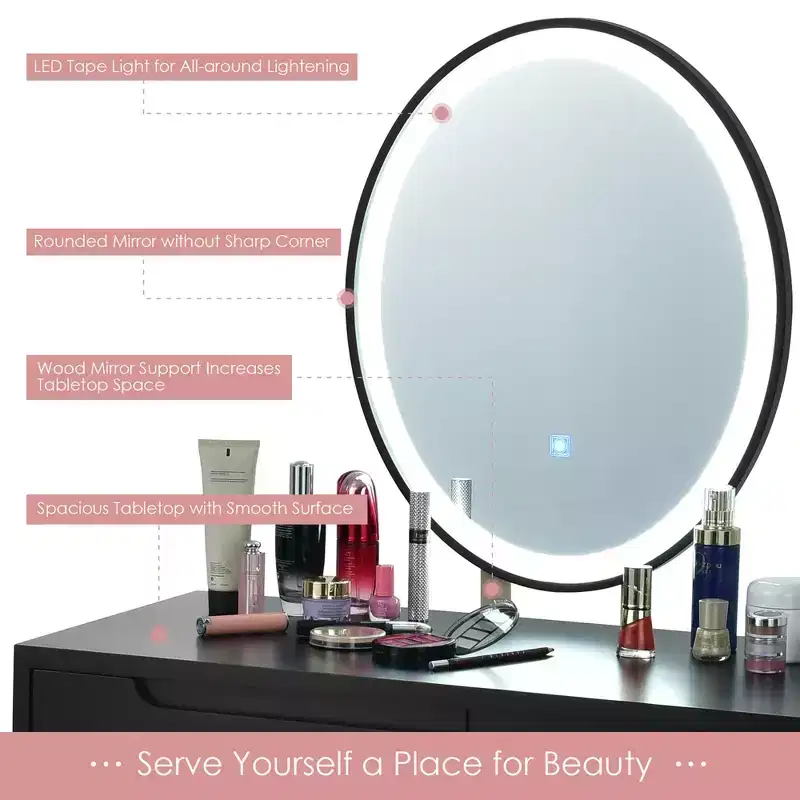 Costway Vanity Makeup Table Touch Screen 3 Lighting Modes Dressing Table Stool Set White\Black\ Gray
