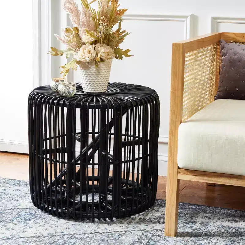Round Rattan Accent Table, Black / Honey Natural, 1-Piece