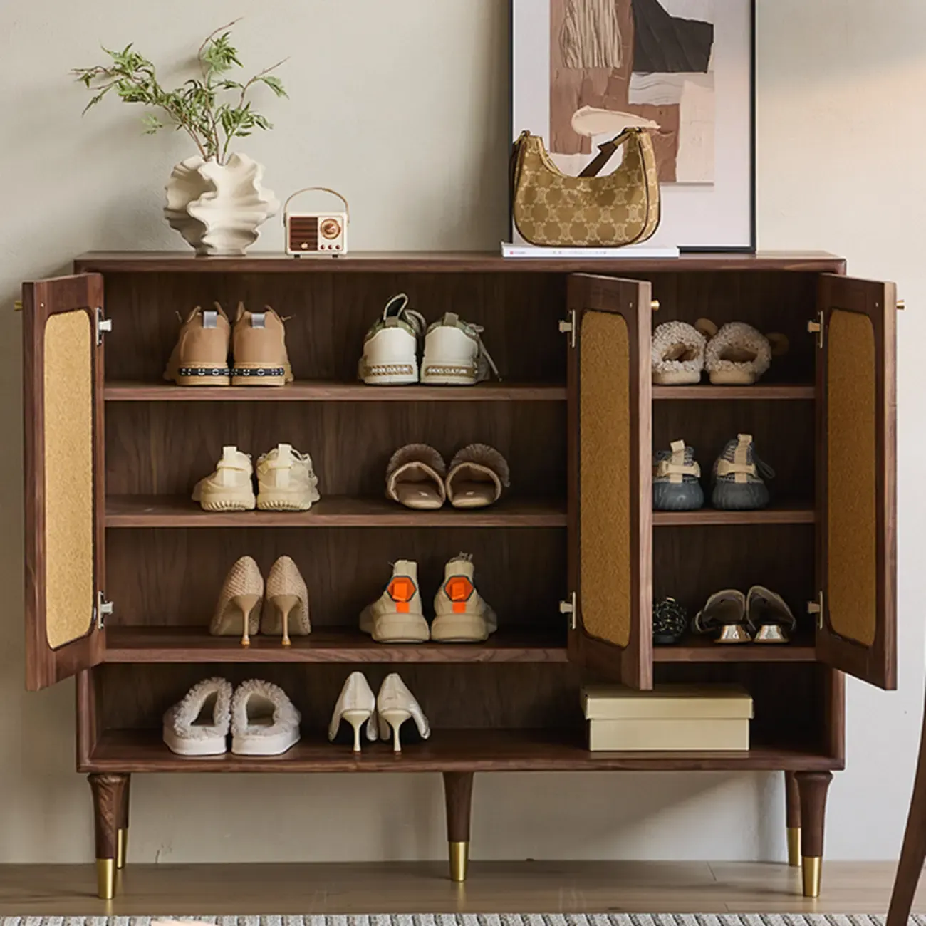 Bohemian Brown Solid Wood Entryway Shoe Cabinet