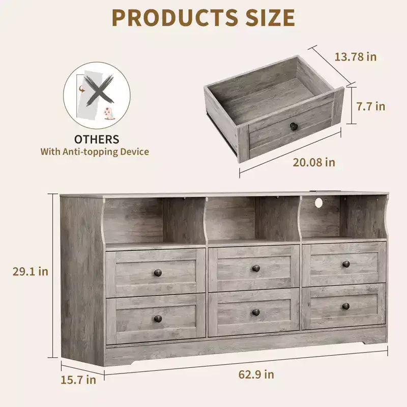 6-Drawer Dresser with RGB Lights & Power Outlet, Black / Gray / White