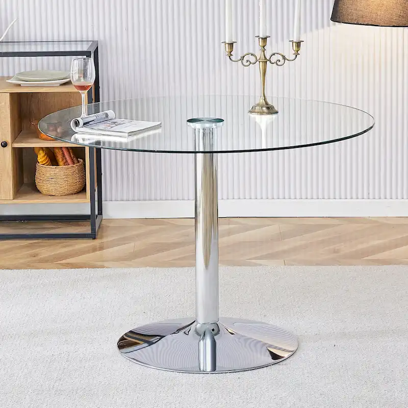Modern Circular Dining Table with Stylish Glass Top and Sturdy Metal Legs for Various Spaces