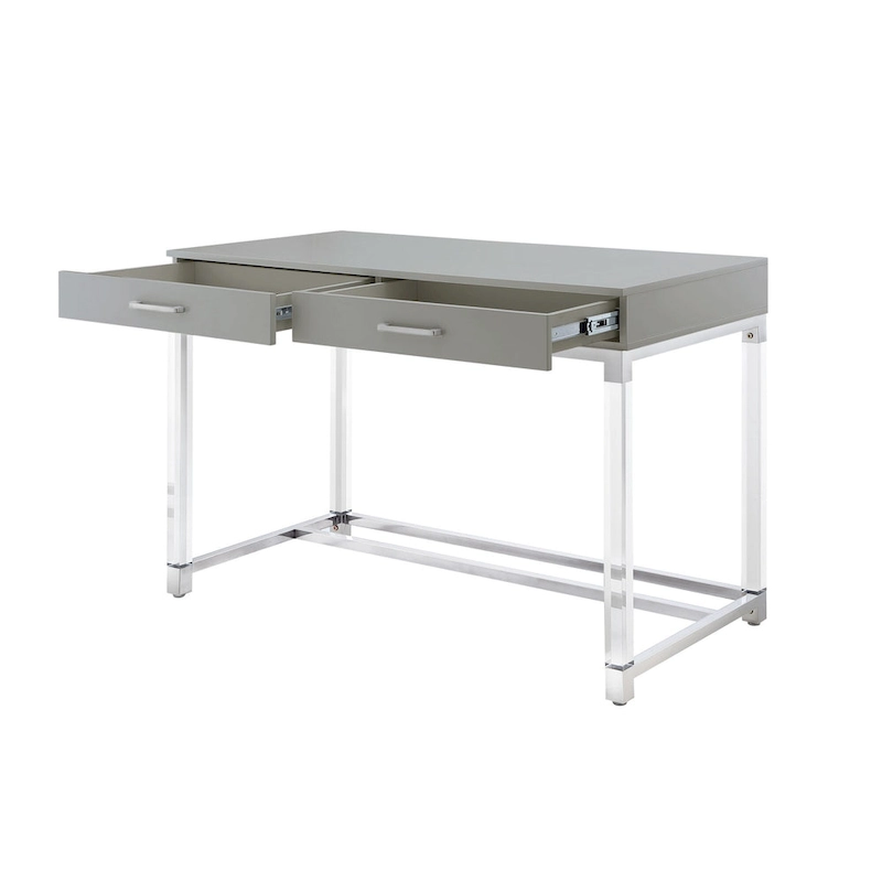 HomeRoots 48 White Clear and Gold Wood Acrylic and Stainless Steel Writing Desk With Two Drawers