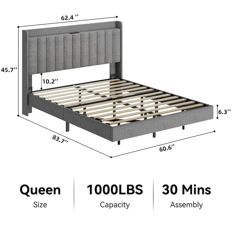 Modern Upholstered Floating Bed Frame with LED Lights