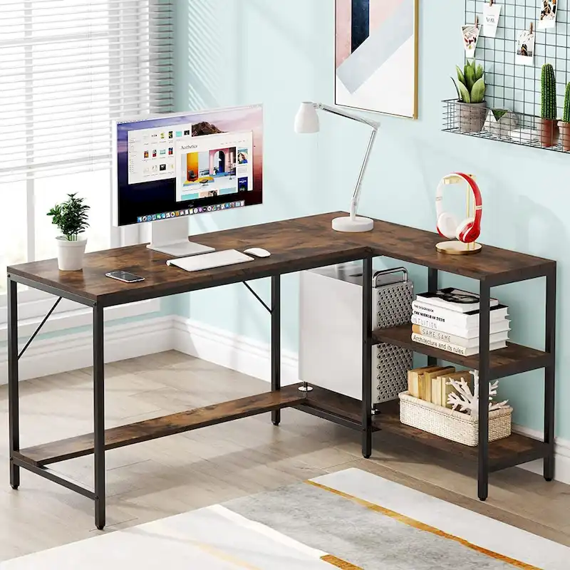 L Desk with Storage Shelves,Corner Desk with Hutch,Home Office Desk Workstation