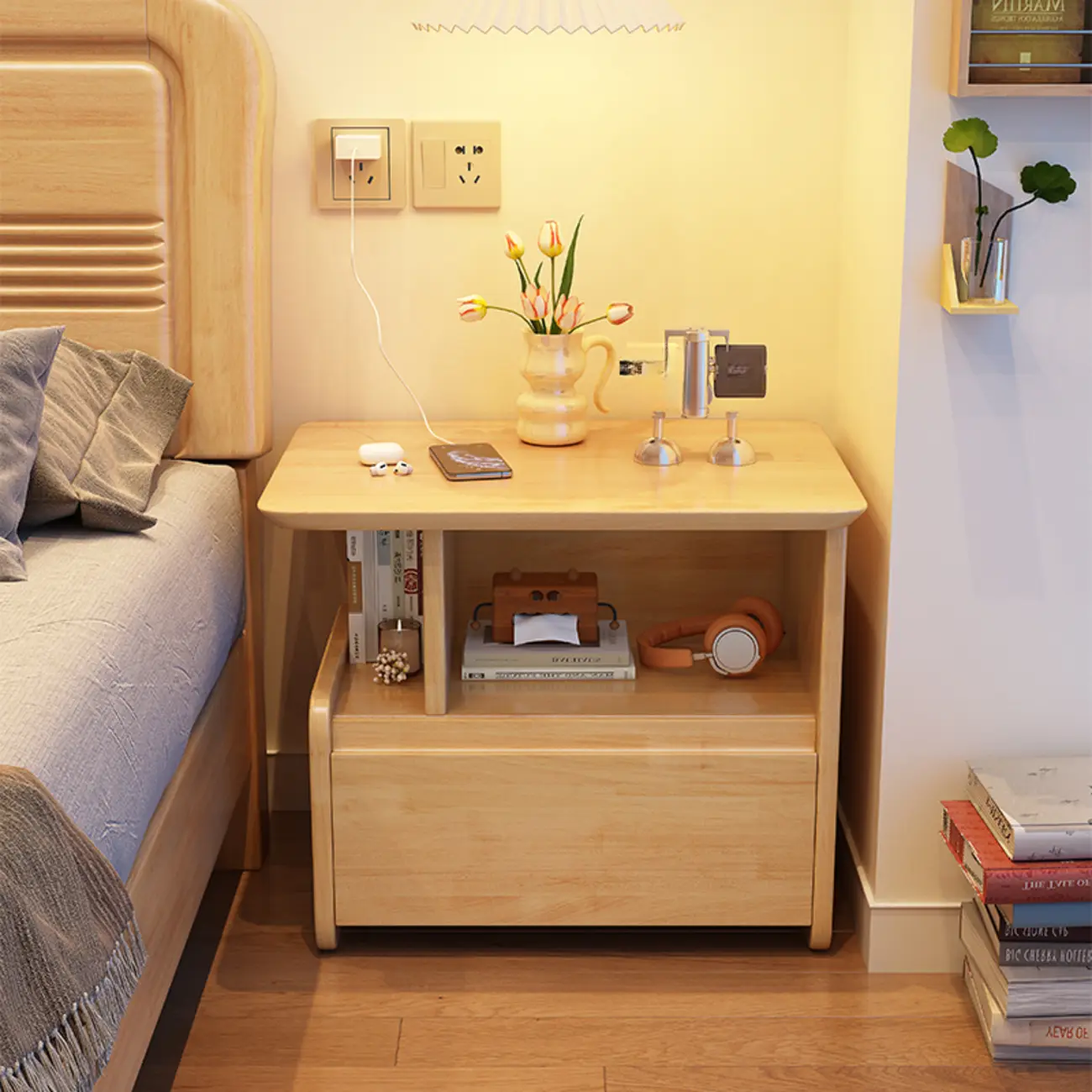 Classic Wooden Nut-Brown Nightstand with Drawer & Shelf