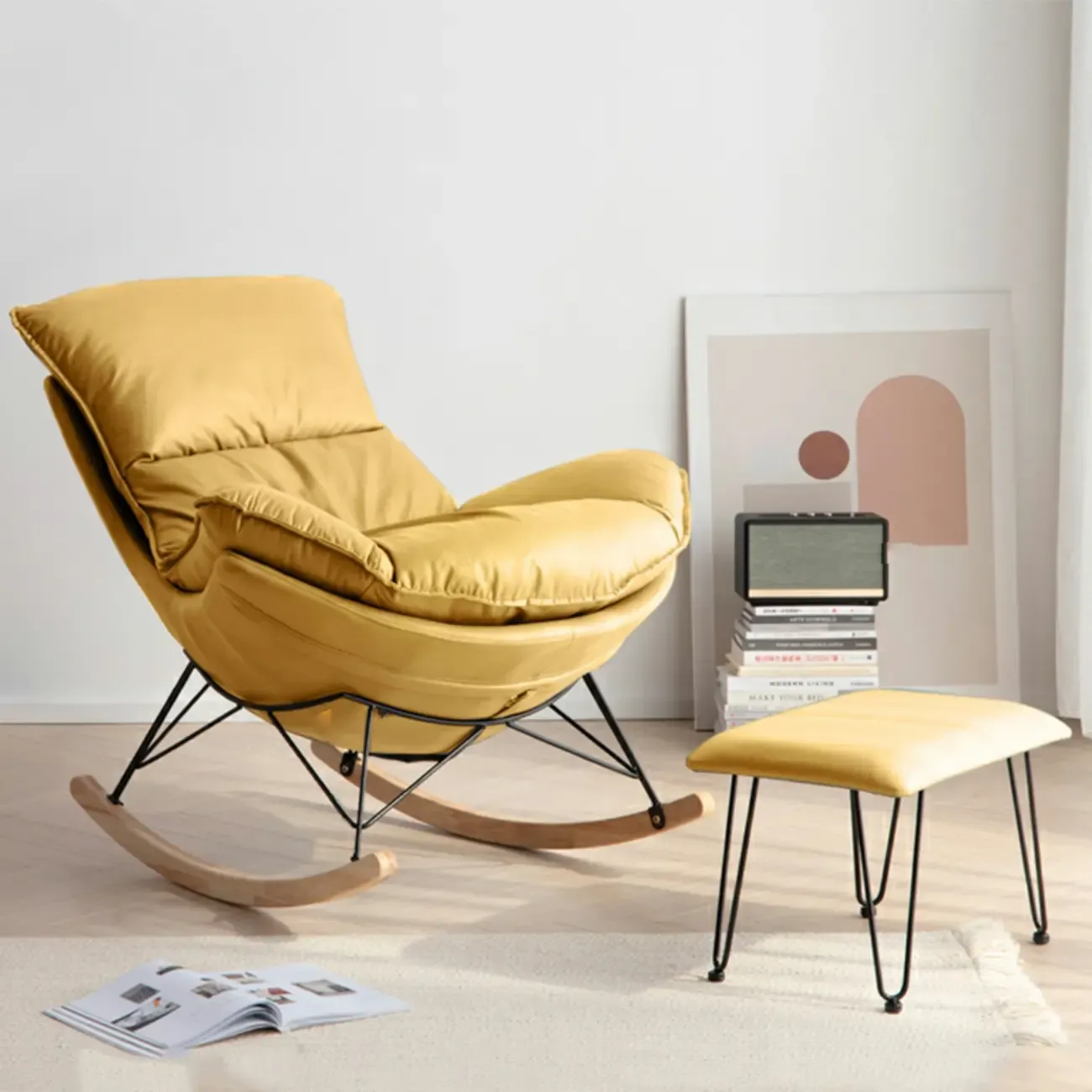 Mid Century Modern Upholstered Rocking Chair with Ottoman