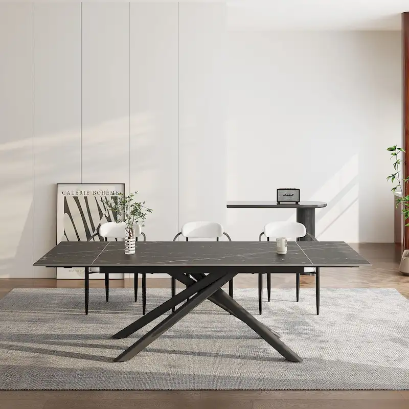 9 - Piece Extendable Sintered Stone Top Cross Legs Dining Set With 8 Fabric Chair