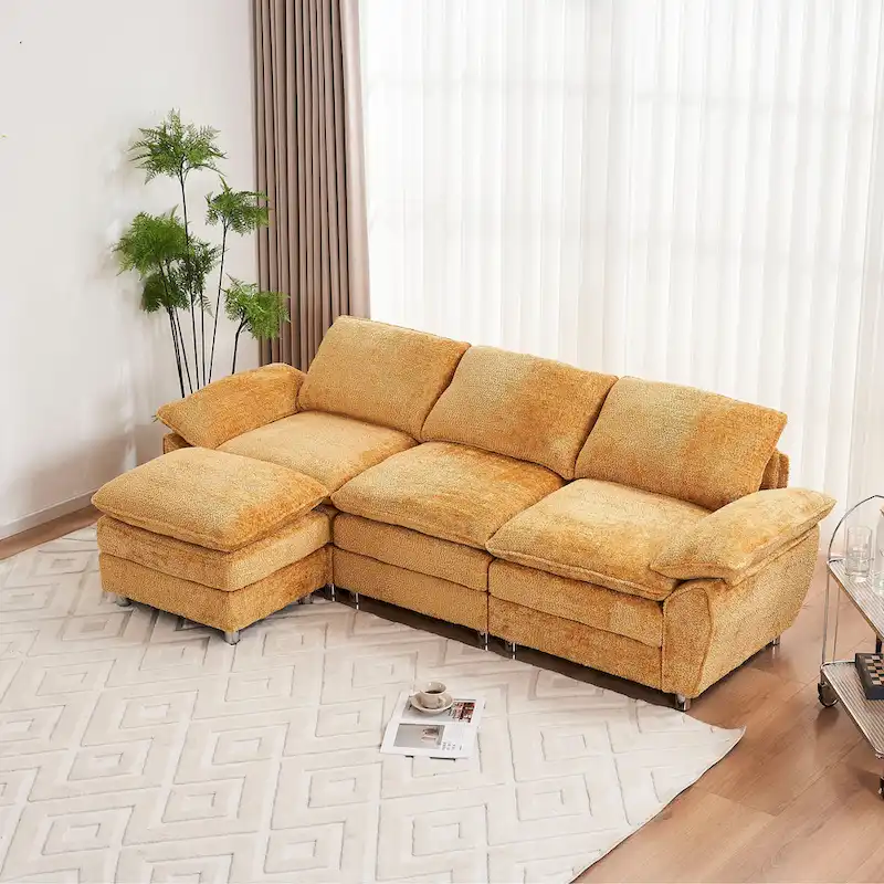 Yellow 101.6 Chenille L-Shaped Sectional Sofa with Ottoman