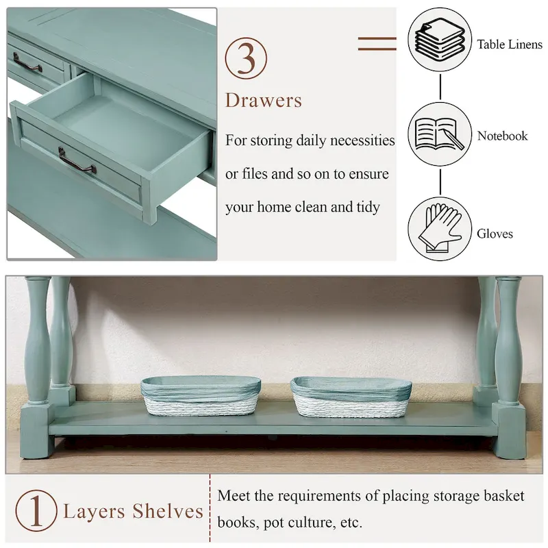 Long Wood Console Table with 3 Drawers and 1 Bottom Shelf