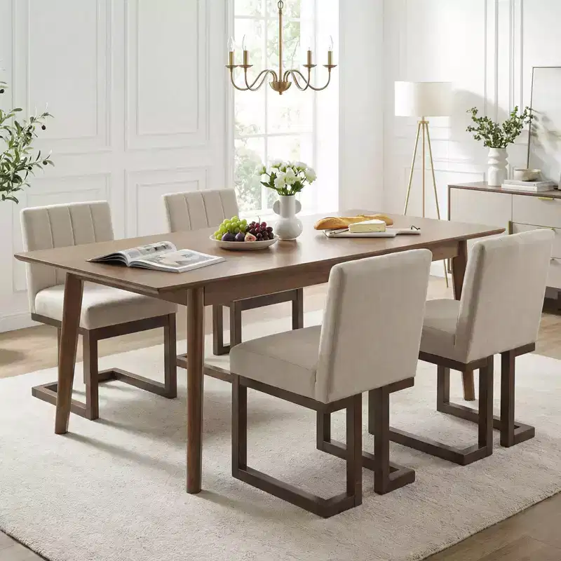 Beige+Gray / Walnut Farmhouse Upholstered Dining Chair, Armless, 2/4 PCS
