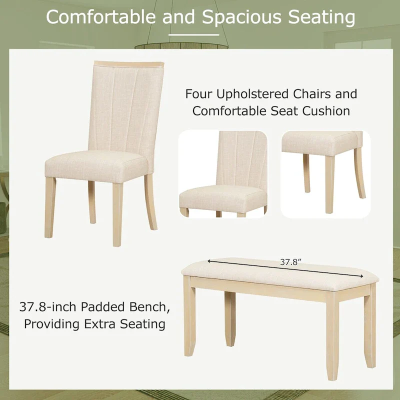 6-Piece 78inch Extendable Pedestal Dining Table Set with 18inch Removable Leaf and Dining Bench, 4 Upholstered Dining Chairs