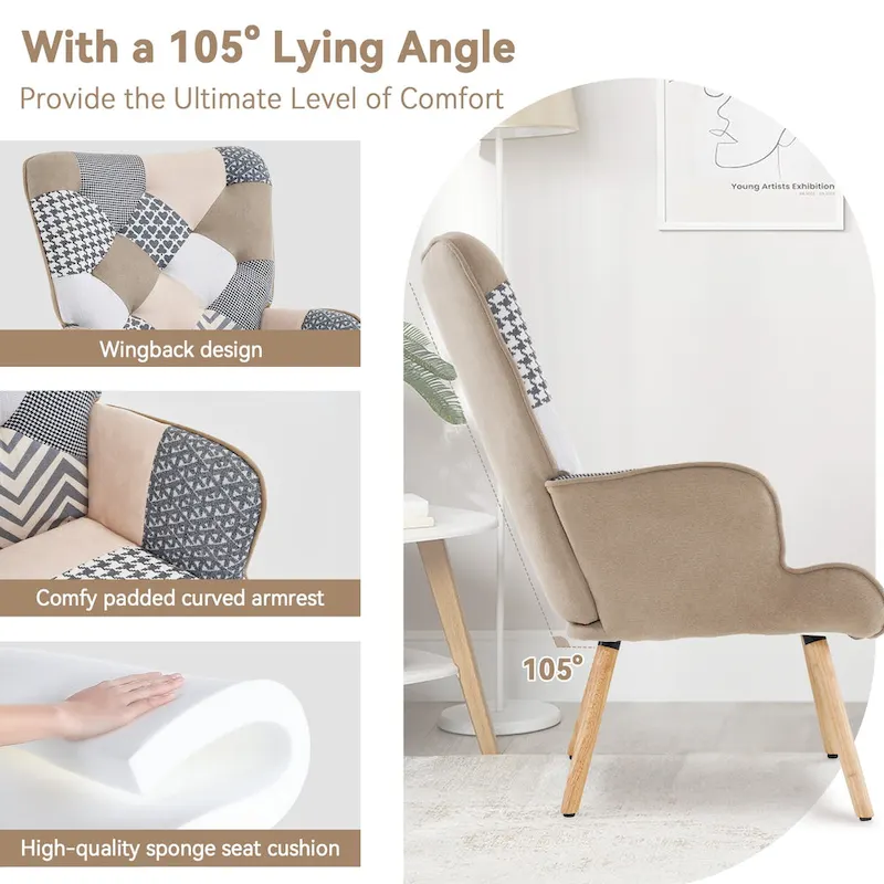 Linen Upholstered Modern Armchair Accent Chair with Wood Legs