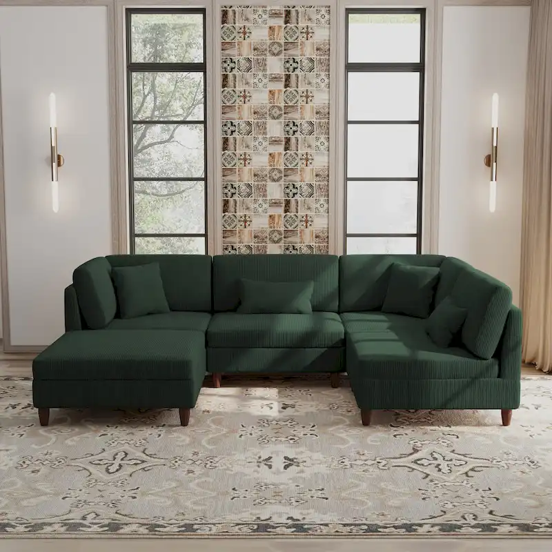 Corduroy Modular Sectional 5 Piece Sofa with Ottoman