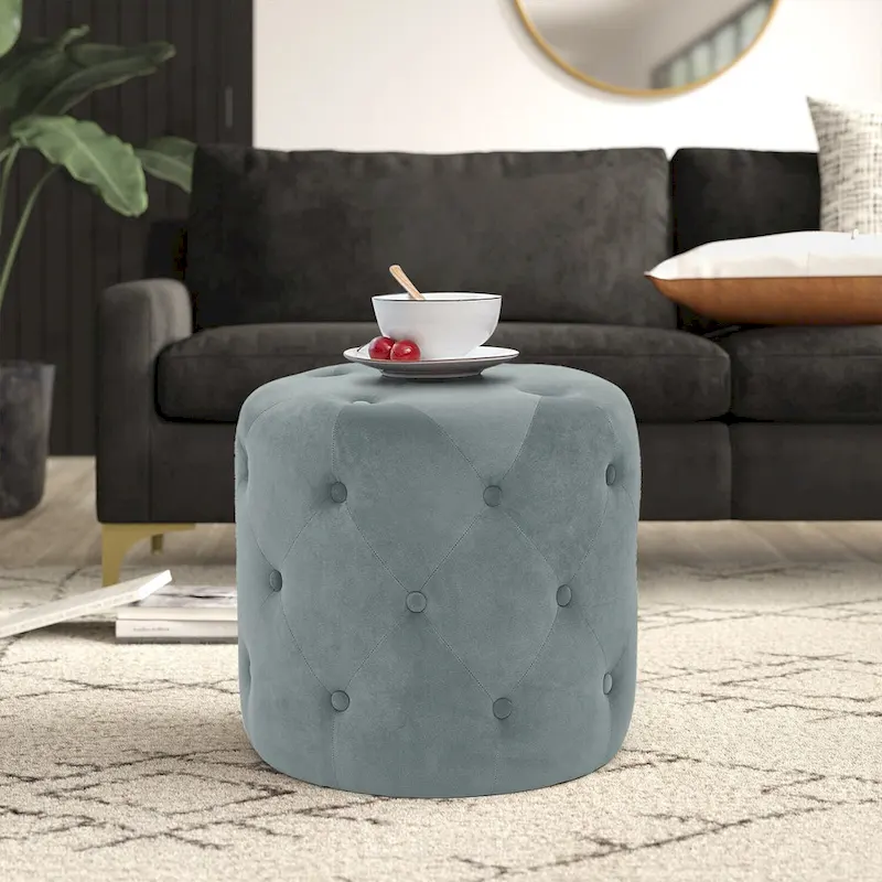 Adeco Tufted Round Ottoman - Upholstered Ottoman Footstool Foot Rest