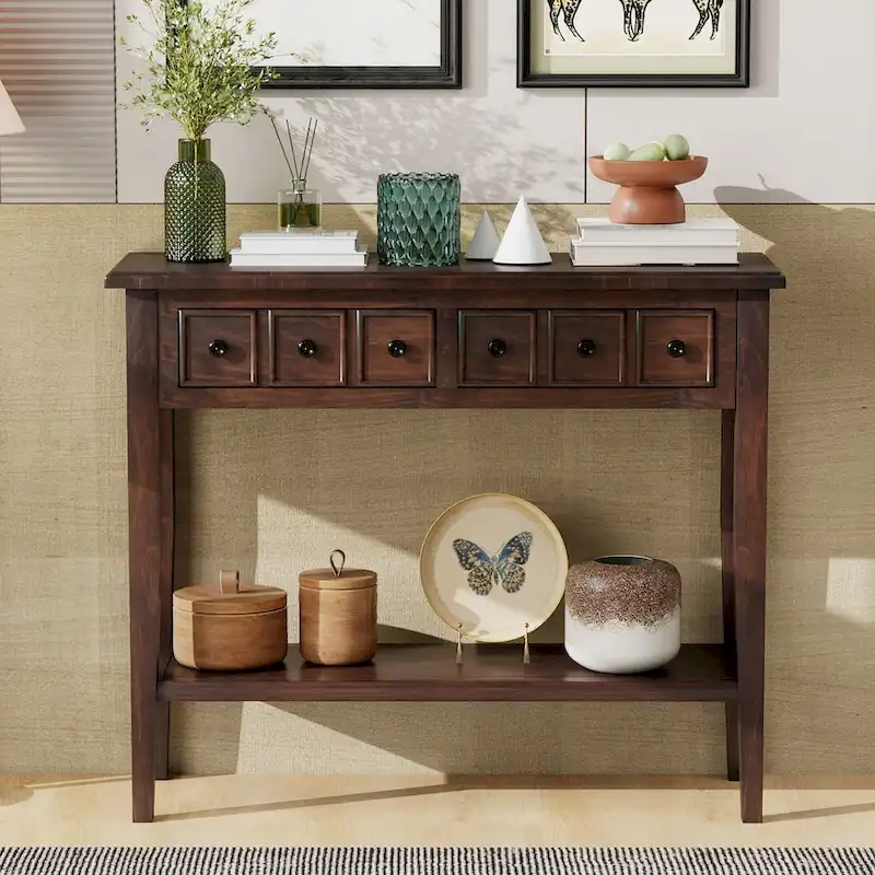38.2 Rustic Console Table with Open Shelf and Three Drawers, Rubber Wood Legs