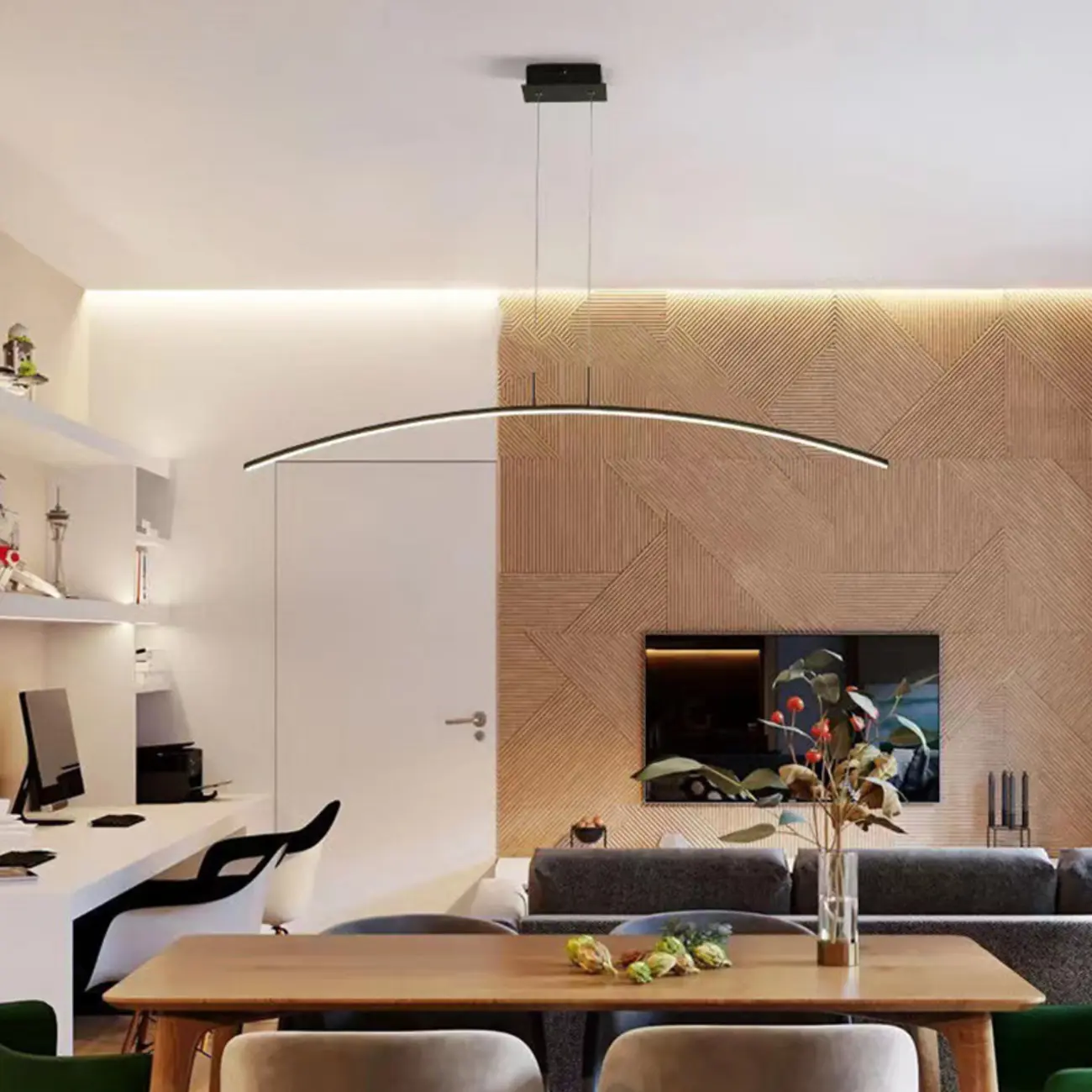 Black Linear Silica Gel Island Pendant Light Arch Shaped LED