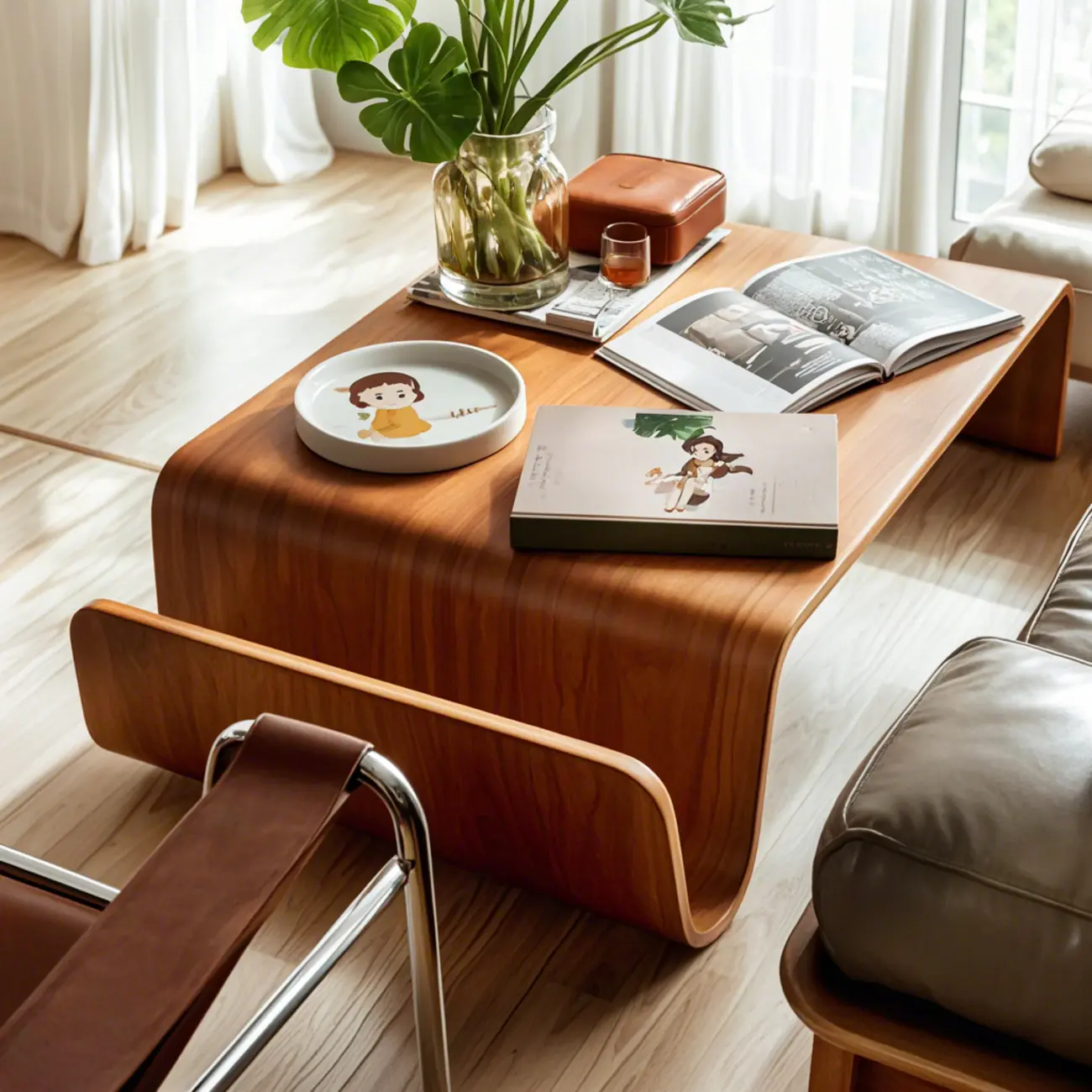 Modern Wooden Brown Curved Coffee Table with Double Pedestal