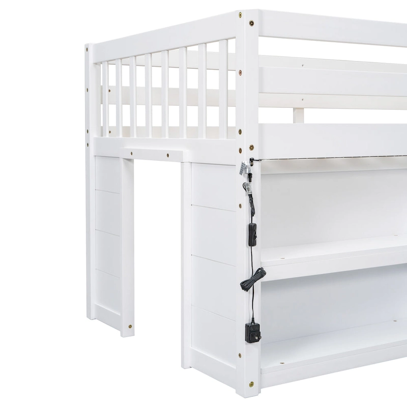 Twin Wood Low Loft Bed with Shelves & LED Light