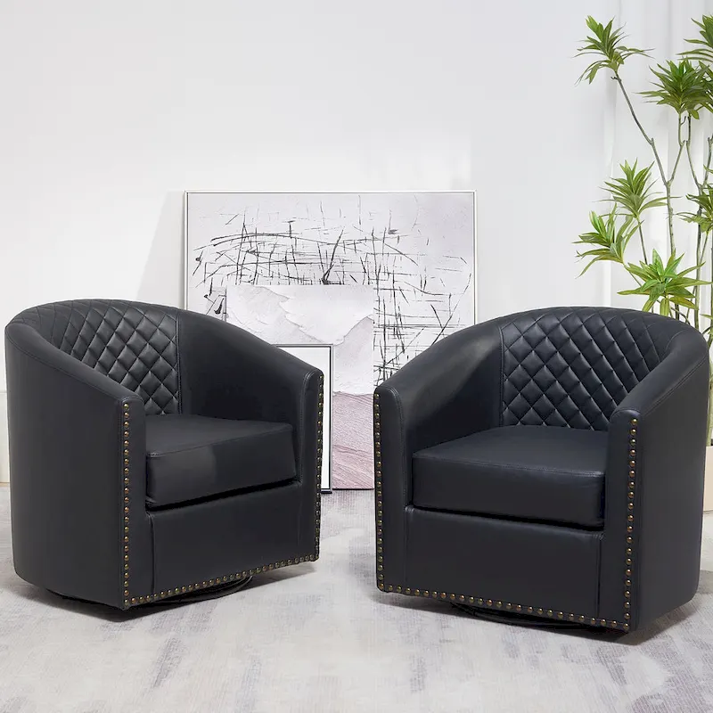 KINWELL 29 Wide Tufted PU Leather Swivel Barrel Chair (Set of 2)