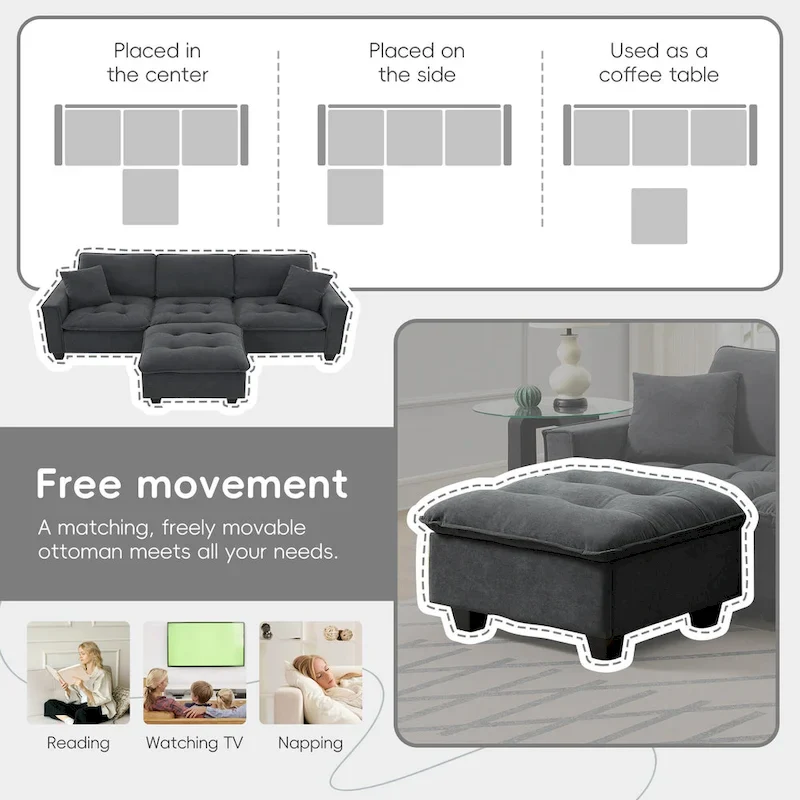 100 L-Shaped Convertible 4 Seater Sectional Sofa with Removable Ottoman and Matching Pillows, Suede Velvet Upholstery