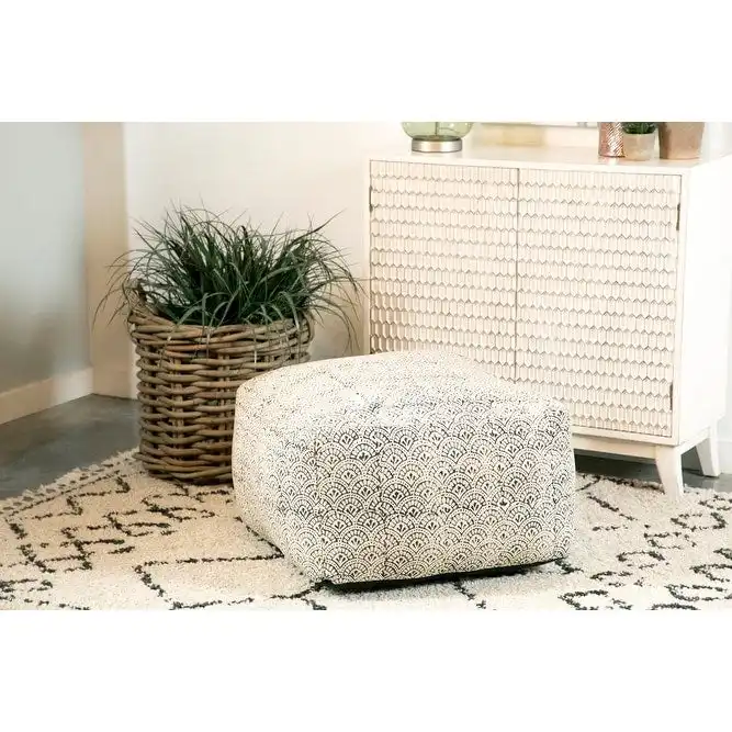 Square Floor Pouf - Cream & Black, Hand-Printed Cotton, 24W x 13H, Bohemian Style, 120 lbs