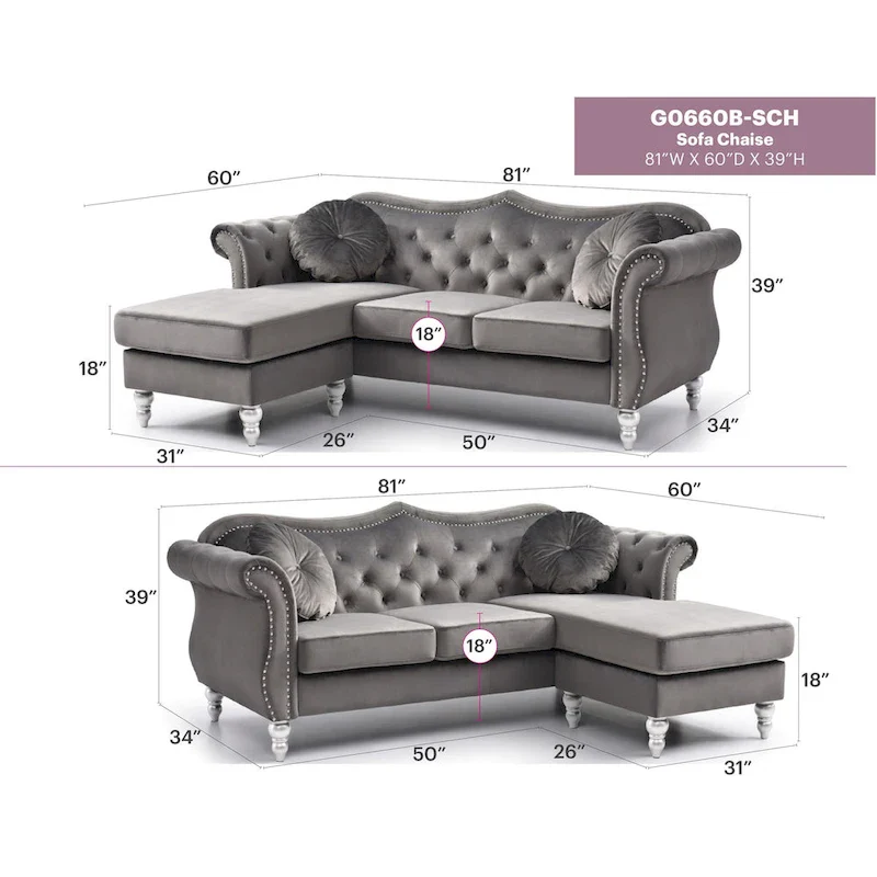 Hollywood 81 in. Velvet Chesterfield Sectional Sofa with 2-Throw Pillow - 81L x 35W x 34H