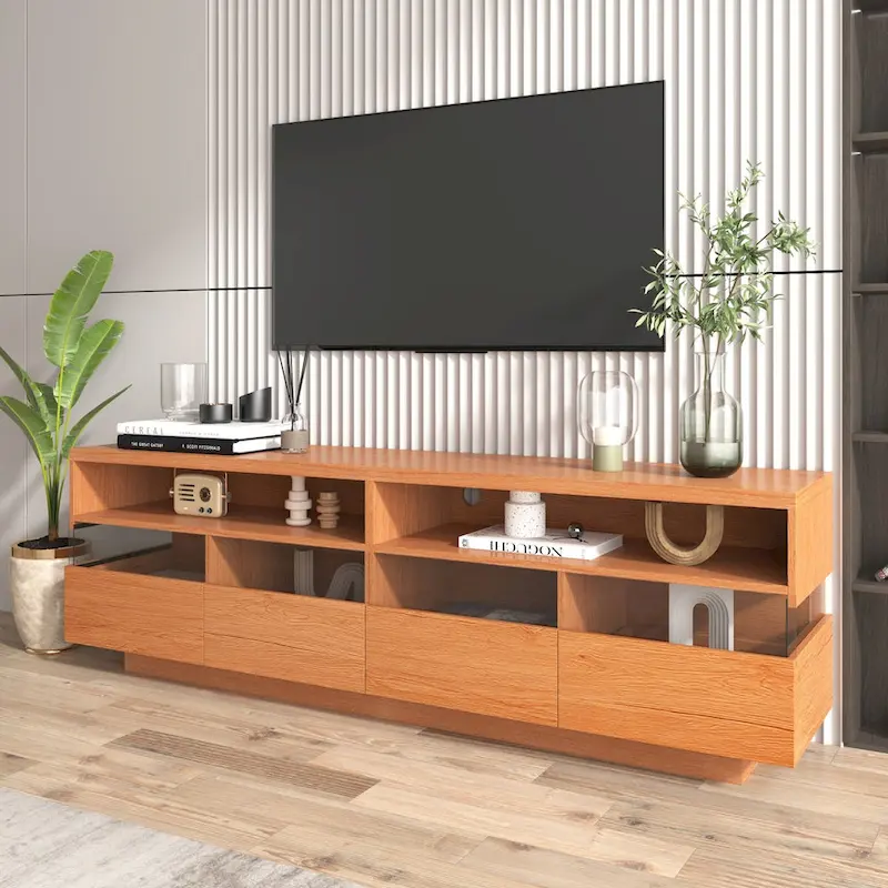 Modern TV with 4 Drawers& 2 open Cabinets, Media Console Table for TVs up to 75