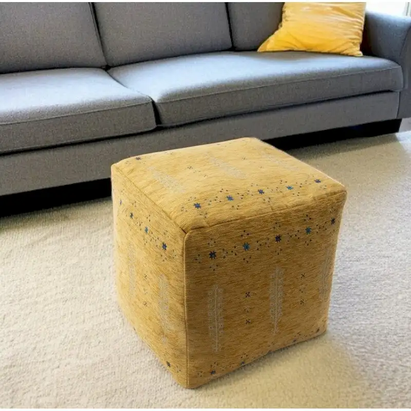 Pouf Ottoman - Yellow, Abstract Geometric Pattern, 18 Diameter