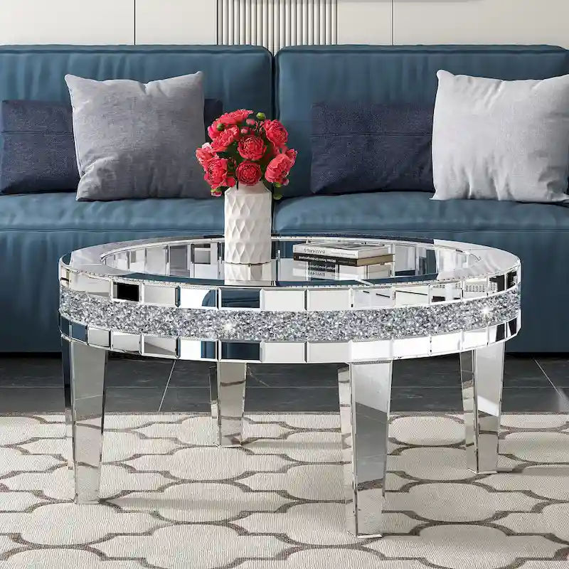 Round Glass Top Coffee Table with Crystal Inlay