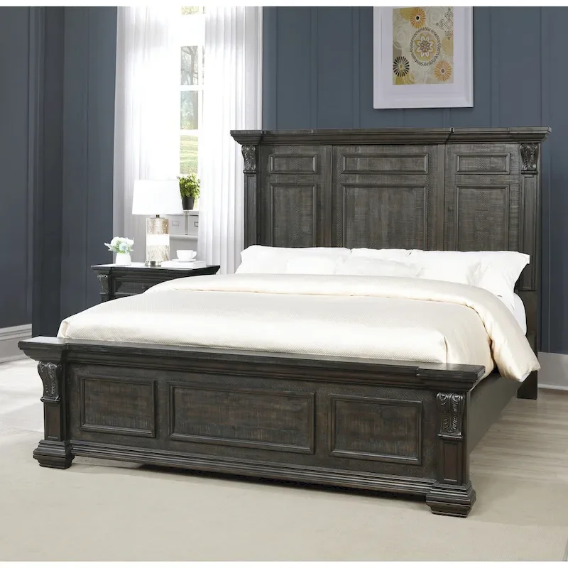 Distressed Dark Walnut Wood Panel Bedroom Set - 5 Pieces