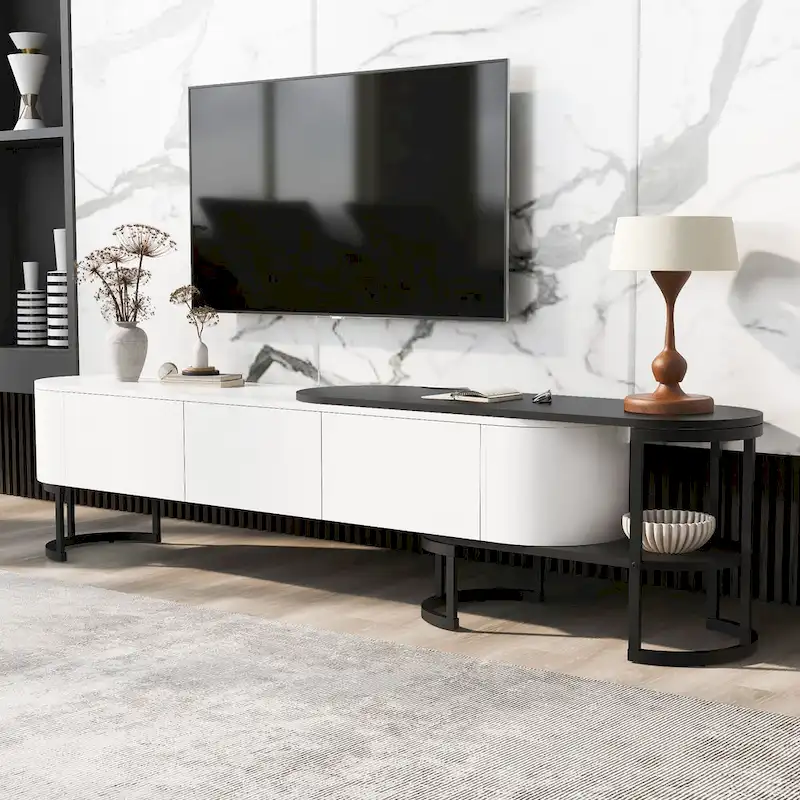 Modern Black White Retractable TV Stand with 3 Drawers and Metal Adjustable Legs for Living Room Bedroom