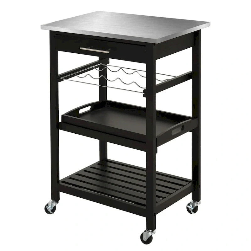 Kitchen island Cart Rolling Trolley Utility Serving Cart with Stainless Steel Tabletop, Wine Rack & Drawer