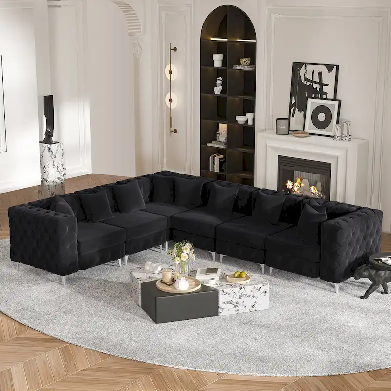Large L-Shaped Modular Sofa, 6-Seat Velvet Sectional Couch
