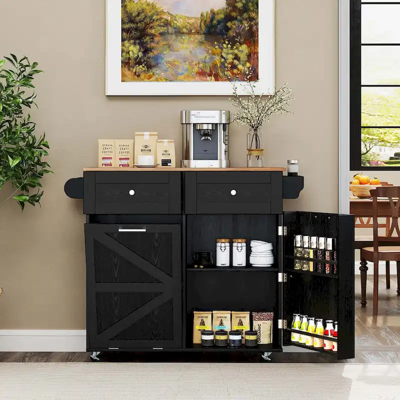 Drop-Leaf Rolling Kitchen Island Cart with Trash Cabinet & Storage – Black / White, Single