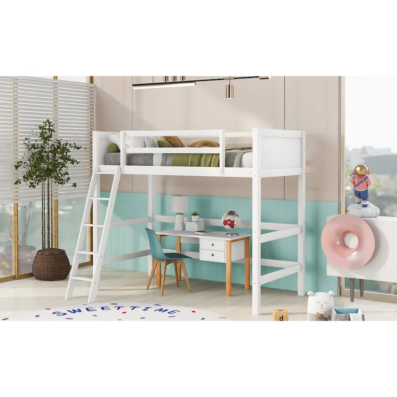 White Twin Metal Loft Bed with Built-in Desk and Storage Shelves