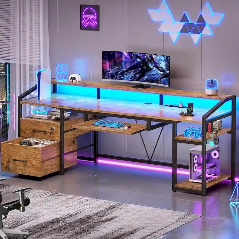LED Computer Desk With Lock Drawers Keyboard Tray Power Outlet