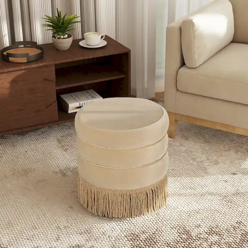 Edward 17.5 Round Upholstered Ottoman with Gold Bullion Fringe