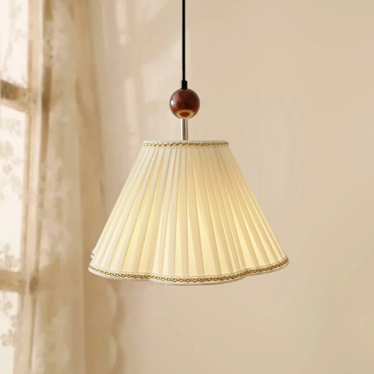 White Pleated Fabric Truncated Cone Indoor Pendant Light