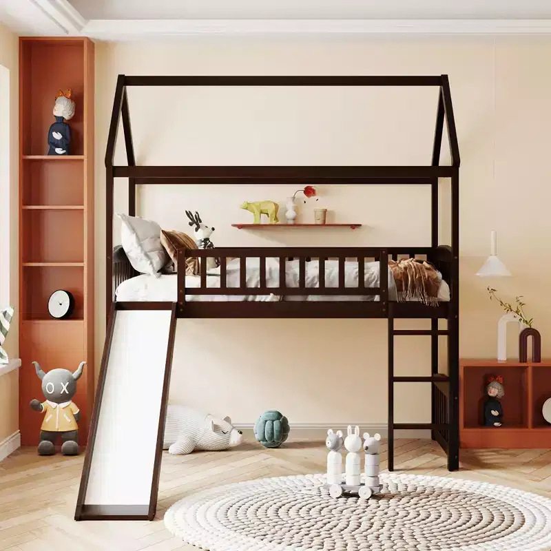 Twin House Loft Bed with Slide, Wood Playhouse Loft Bed Frame with Ladder and Roof