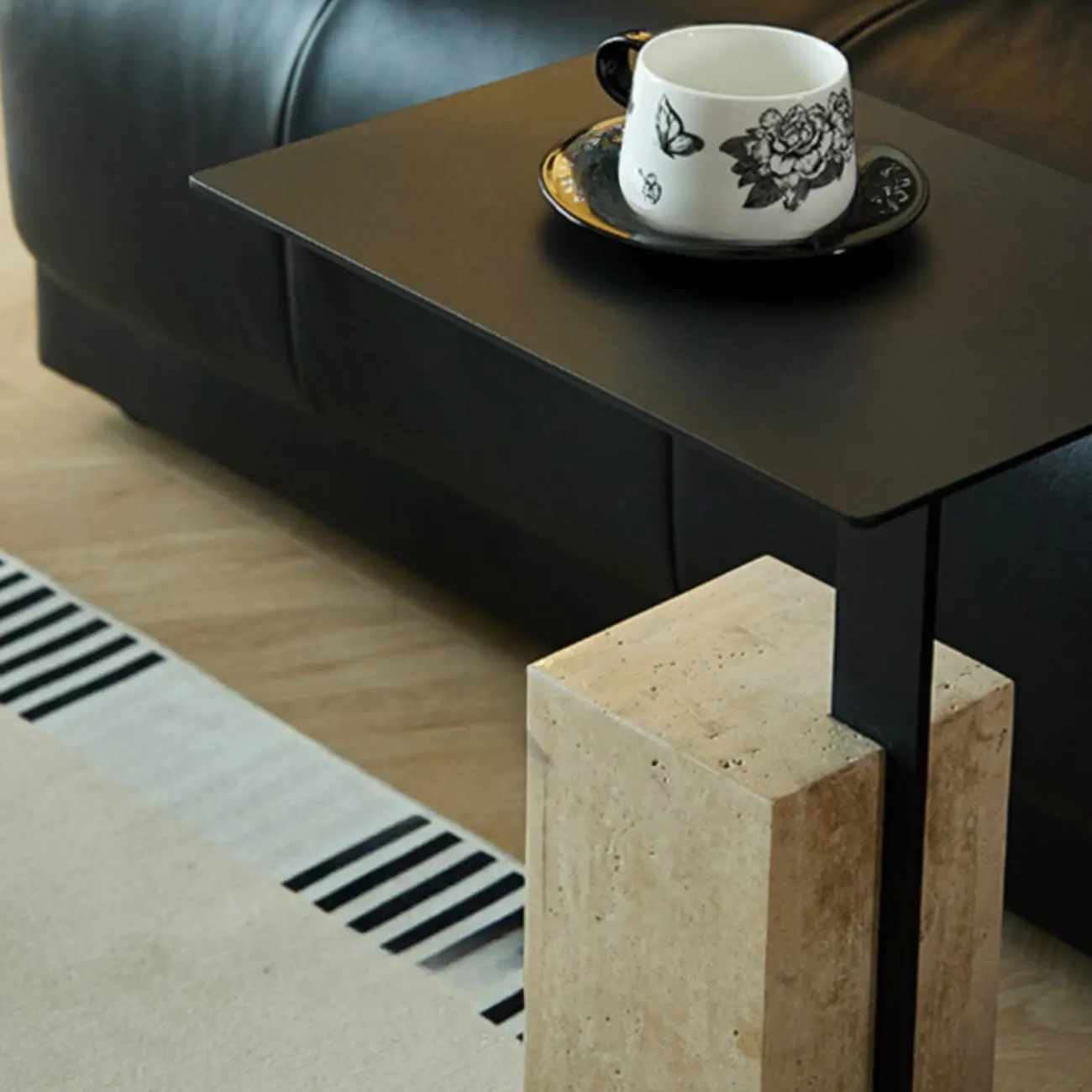 Modish Travertine Pedestal Metal Square Side Table