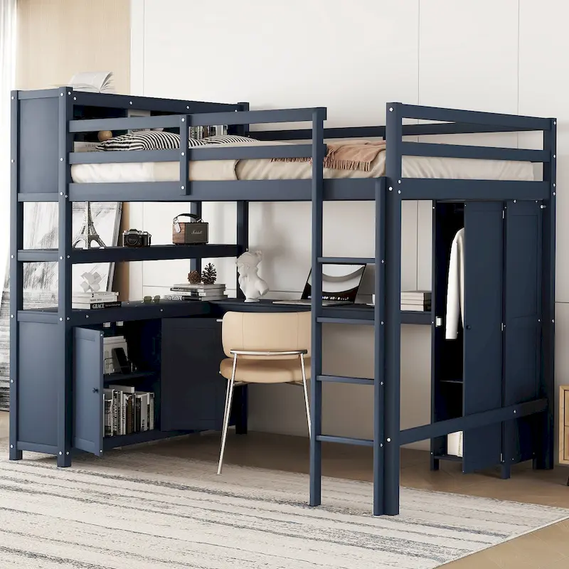 Dark Blue Full Size Pine Wood Loft Bed with Cabinet, Bookshelf, and Desk