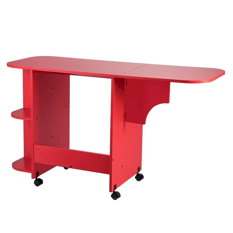 Farmhouse Red Foldable Rolling Sewing Table with Side Shelves