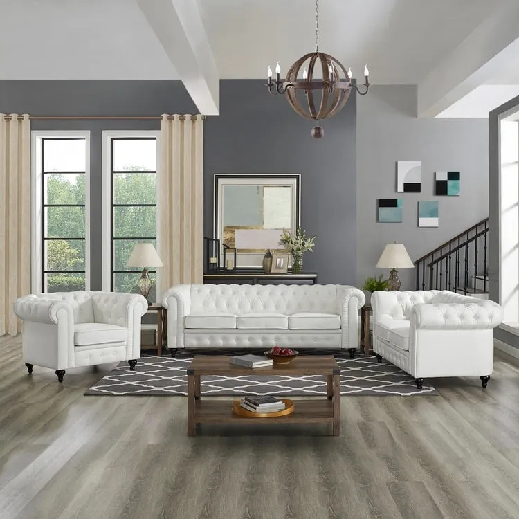 Chesterfield 3 Piece Living Room Sectional Sofa Set with Rolled Arms Button Tufted Cushion Sofa Loveseat for Living Room