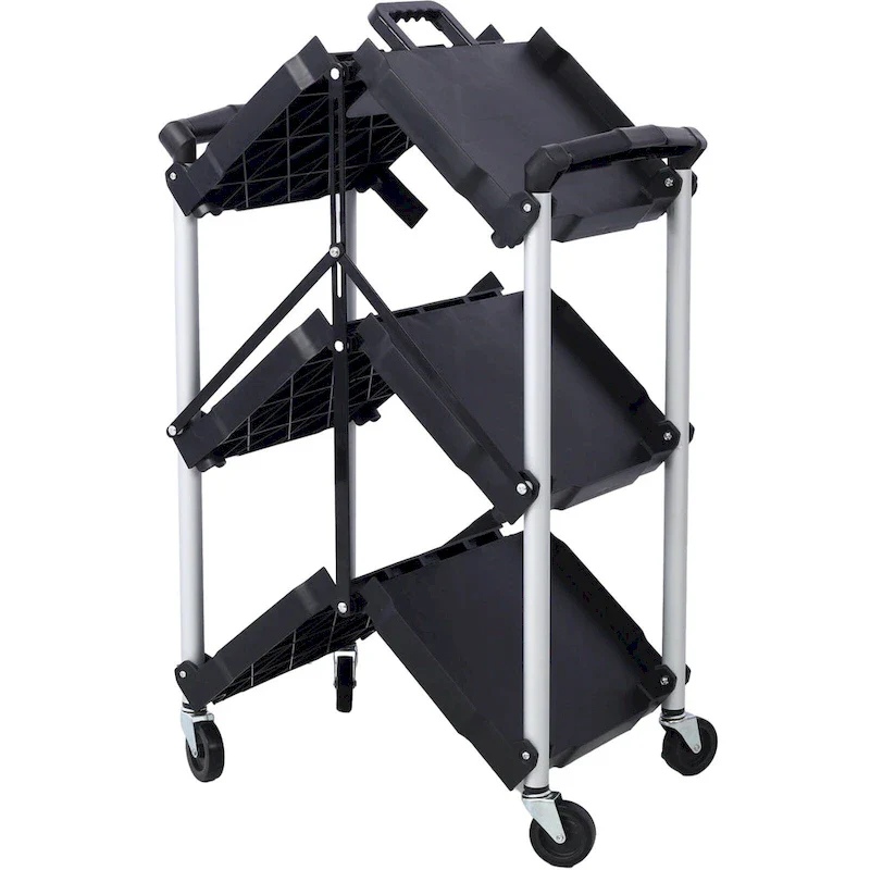 3-Tier Folding Collapsible Service Cart, 50 Lb Load Capacity per Shelf - 25.6Lx15.4Wx32.7H