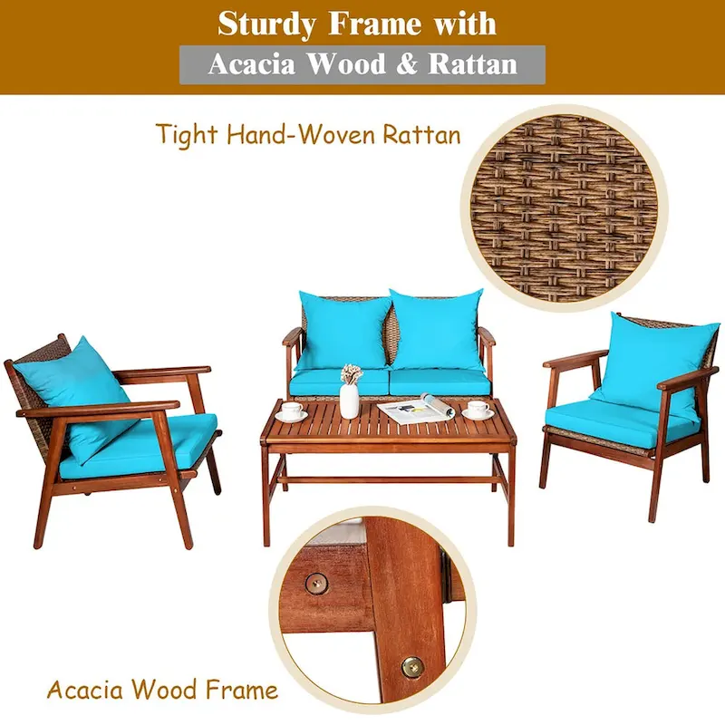 Costway 8PCS Patio Rattan Furniture Set Acacia Wood Frame Cushioned